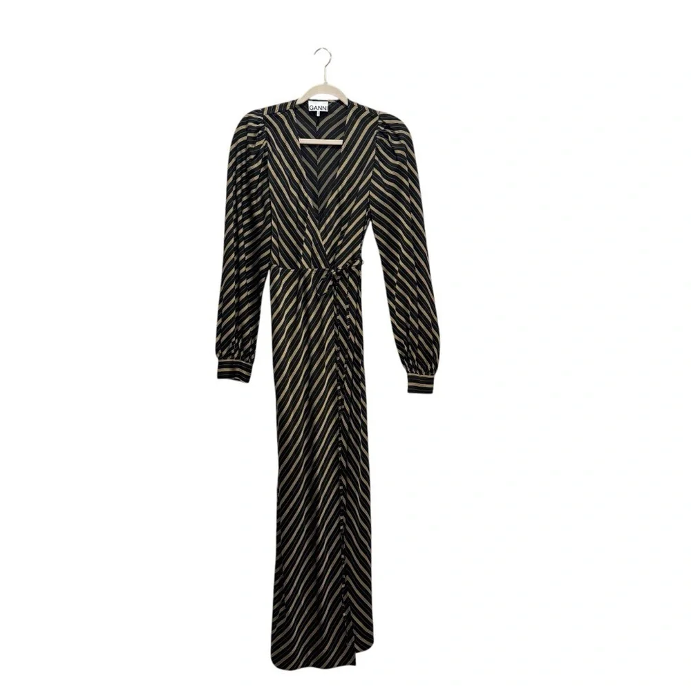 GANNI Striped Long Sleeve Wrap Maxi Dress Size EU 36/S/US 4 Black Gold - Picture 6 of 16